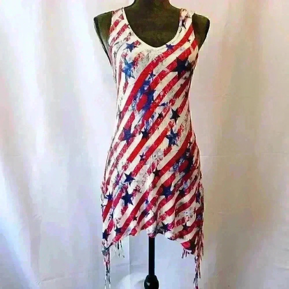 VENUS Tops - Venus Sleeveless Americana USA Flag Fringed Tunic, Size S